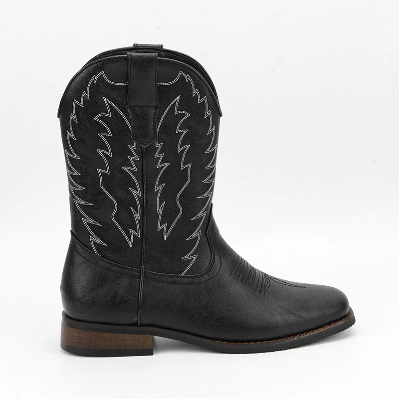 Men's black square toe western-style motorcycle boots with embroidery detail on artificial leather upper.
