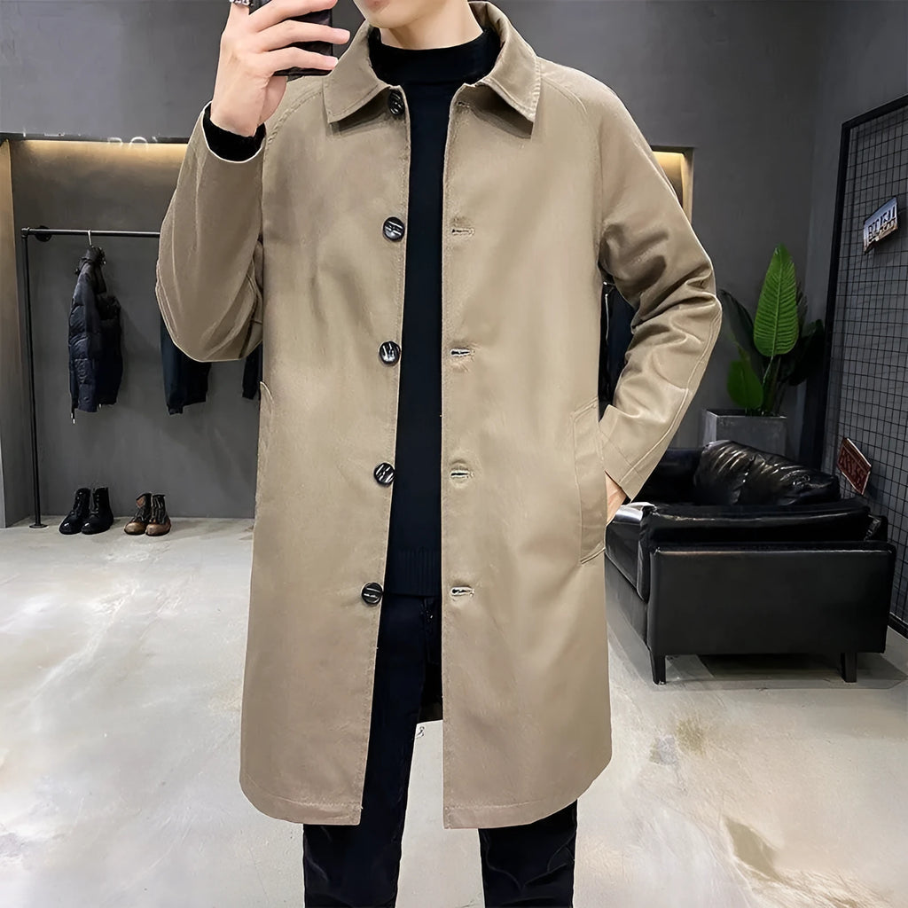 Men's khaki loose fit mid-length trench coat made from rabbit fur fabric