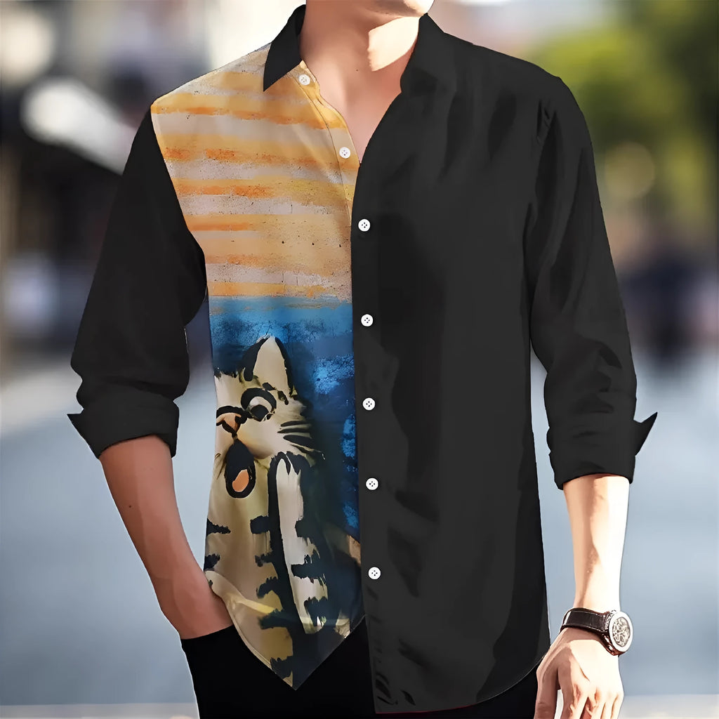 Man wearing a loose-fit Hawaiian shirt with floral pattern, long sleeves, and a cardigan style.