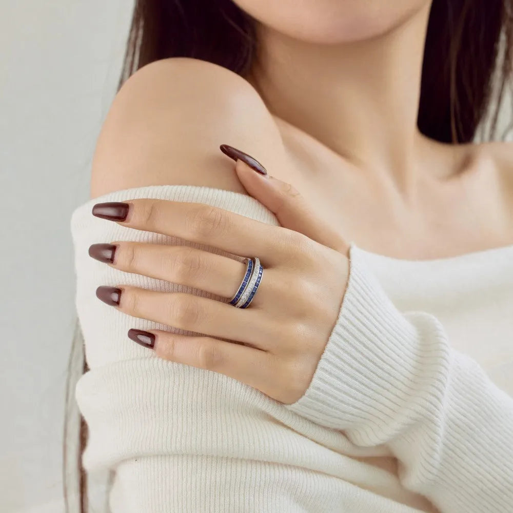 S925 sterling silver rotating diamond inlay ring for women, geometric style, available in blue, green, pink, sizes No 6-9