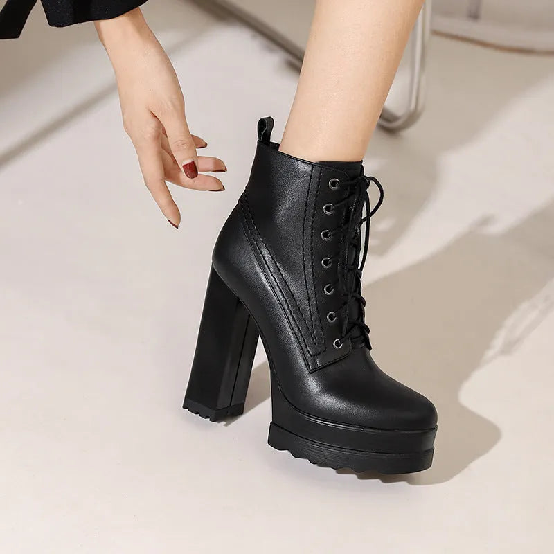 Women's black waterproof platform boots with chunky heels and side zipper