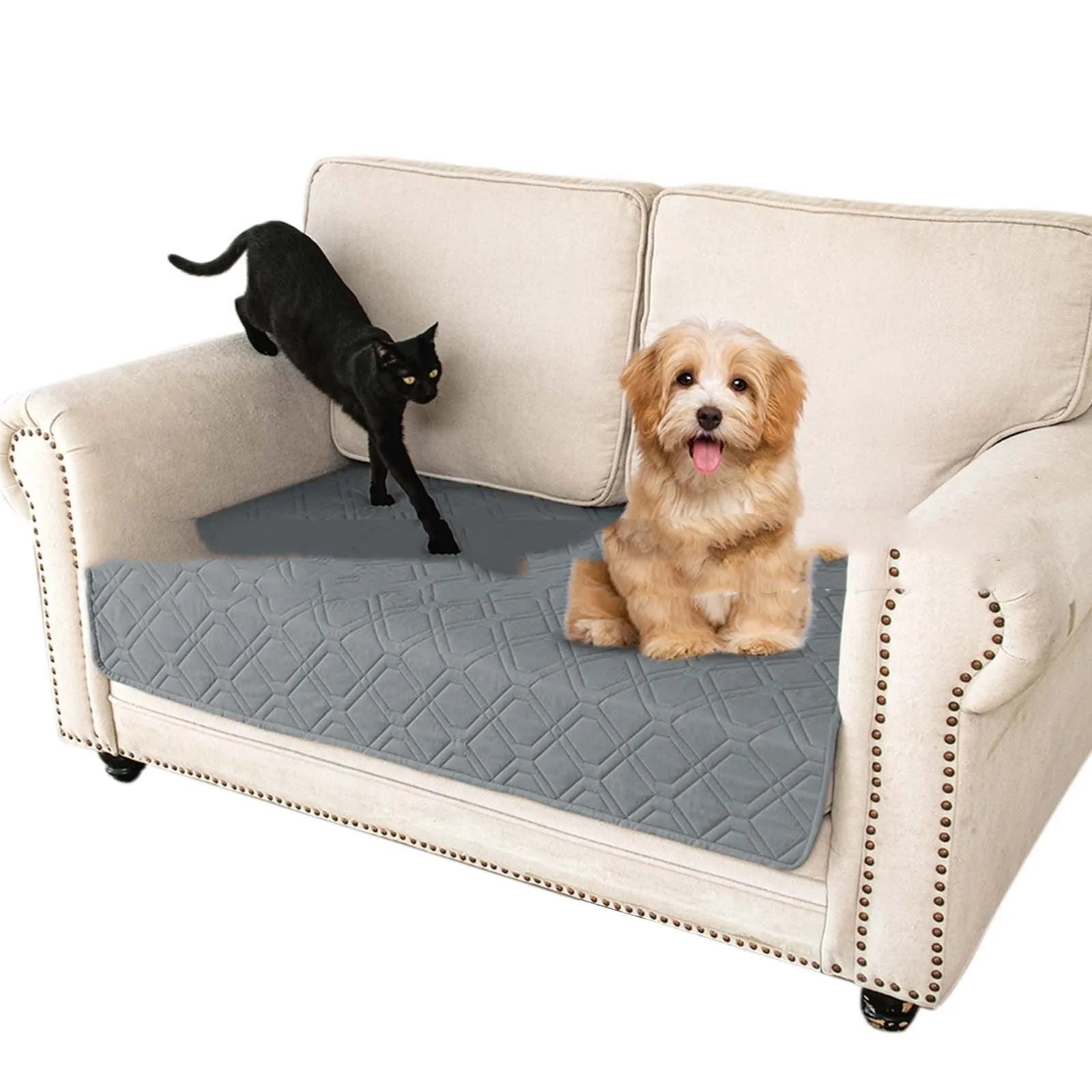 Double-sided waterproof dog sofa cushion with reversible dark gray and khaki colour options
