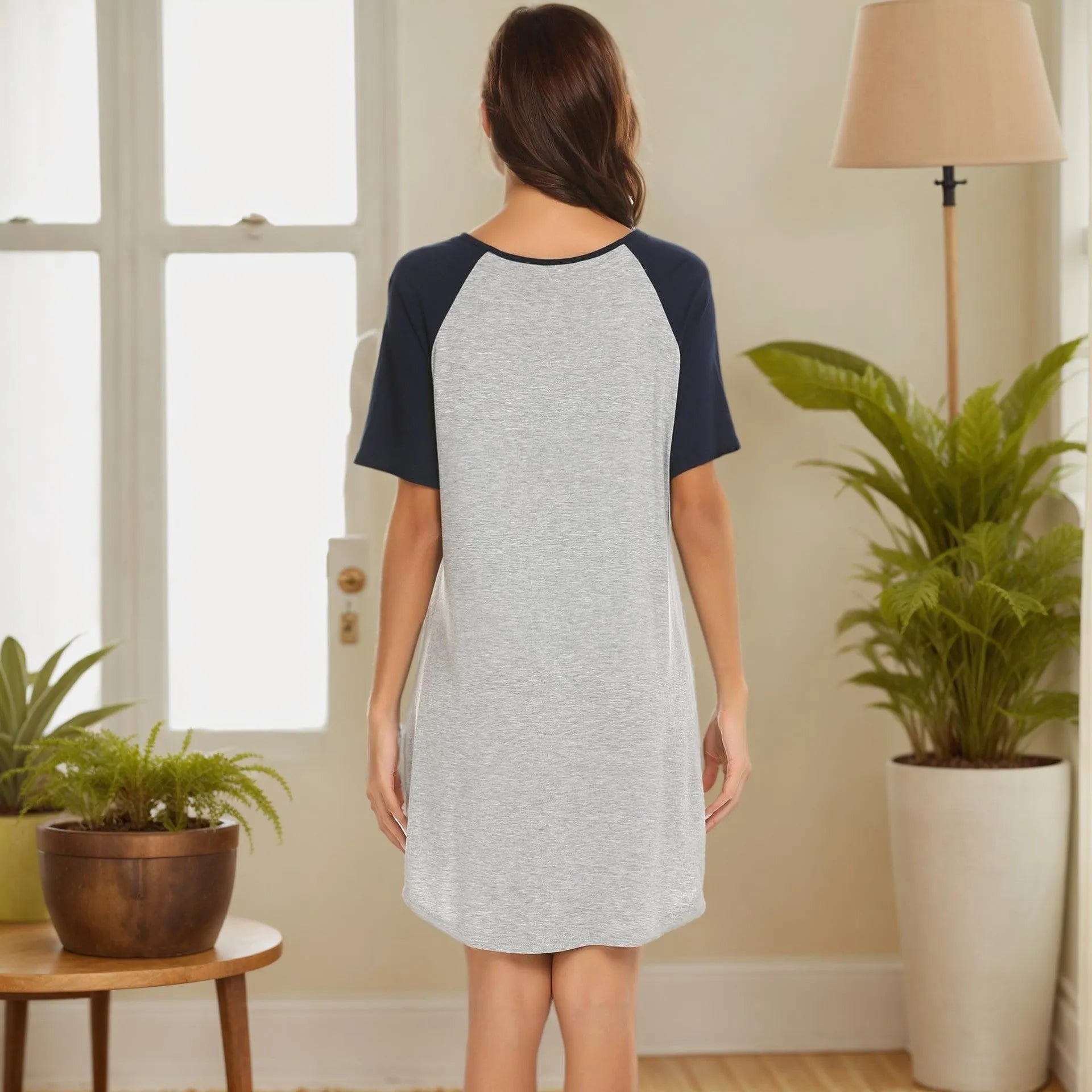 Women's double brushed nightdress with colour contrast patchwork design and contrasting sleeve colours