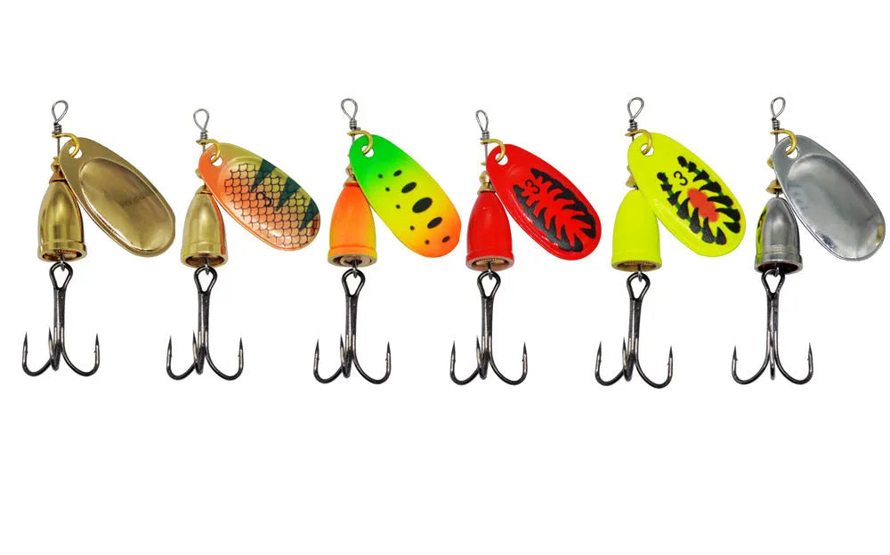 R composite metal fishing lure with rotating sequins and a copper bell in multiple colour options on a blue background.