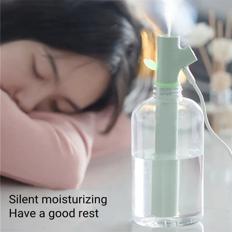 Transparent portable USB humidifier with purification stone showing 197mm height and mist output
