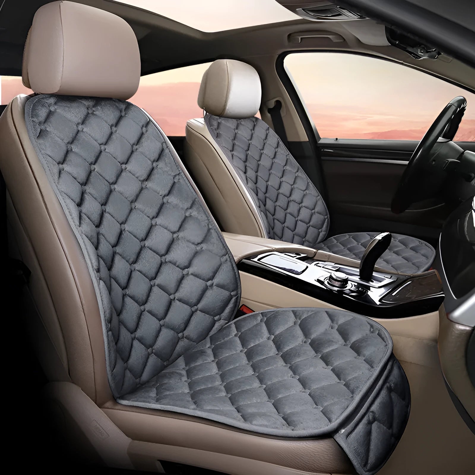 Ringer plush cotton car seat cushion shown in burgundy colour on a car seat.