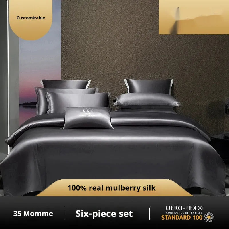 Household Fashion solid colour silk duvet cover and pillowcases on a bed, showing concealed zip detail.