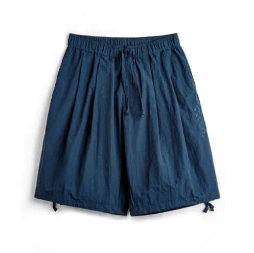 Men's Prussian blue embroidered beach shorts with loose fit and elastic waist