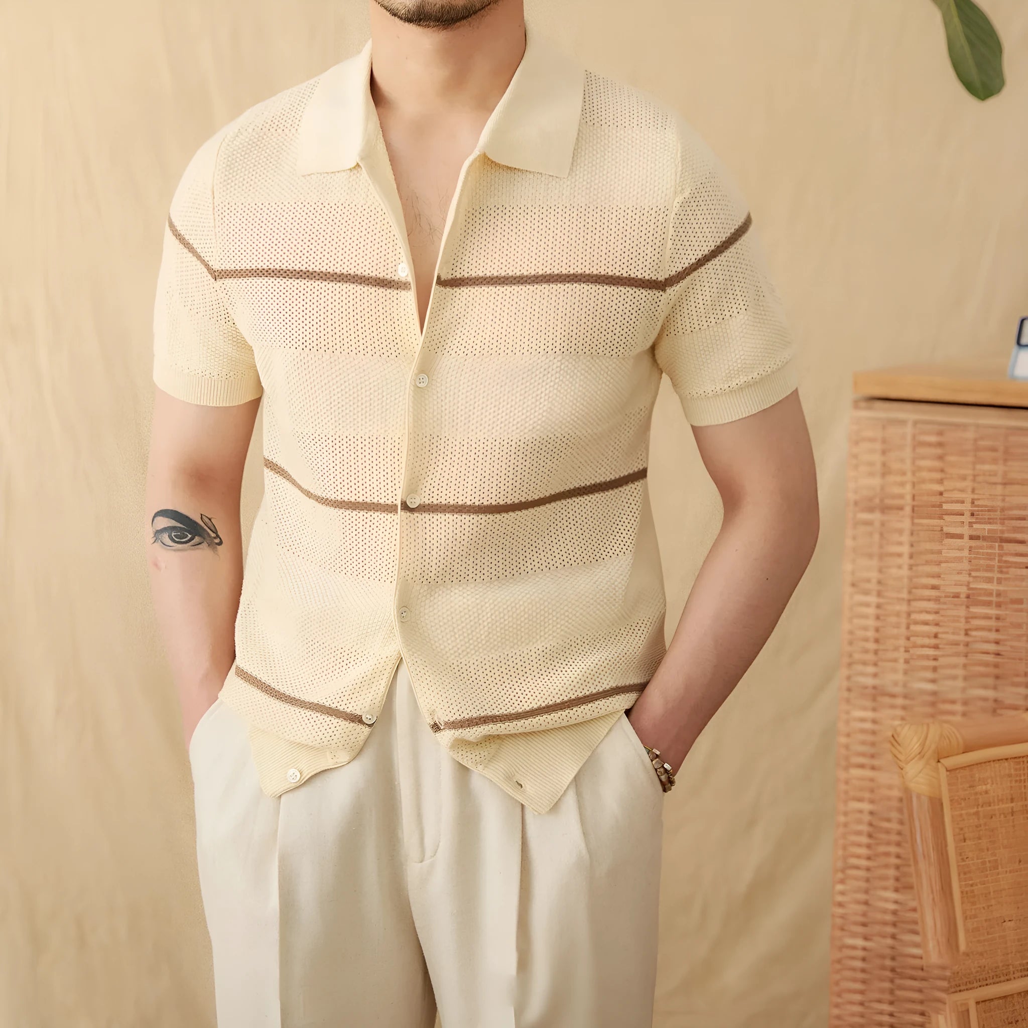 Camel coloured linen cotton blend short sleeve cardigan with lapel collar on hanger