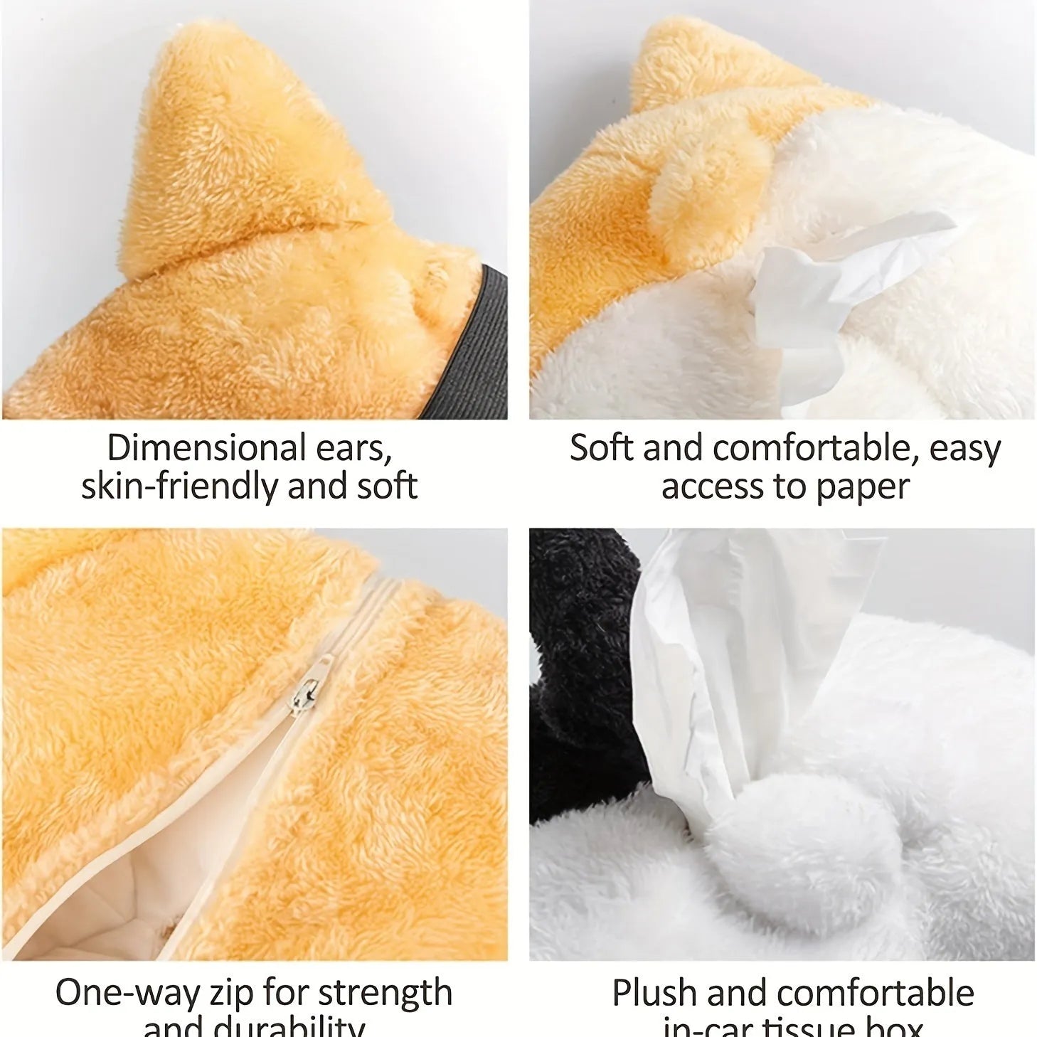 Soft yellow corgi butt-shaped tissue box cover with elastic strap for car sun visor.