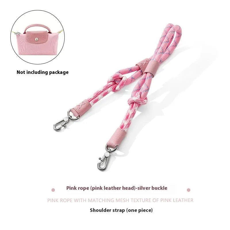 Braided nylon rope shoulder strap with cowhide leather accents and an alloy buckle.