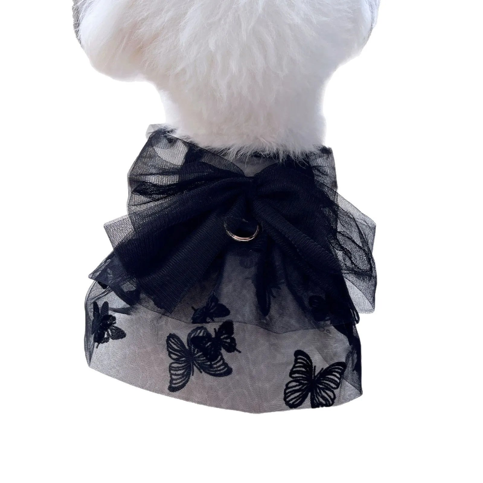 Black gauze tulle princess skirt on a small dog, showing layered design and fit.