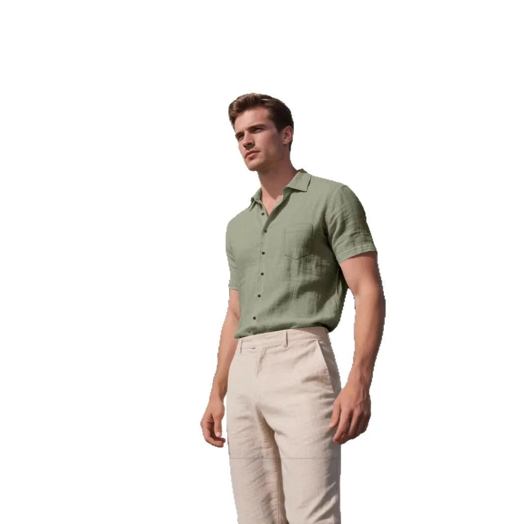Men's loose fit linen short-sleeved cardigan shirt in a solid colour on a hanger.