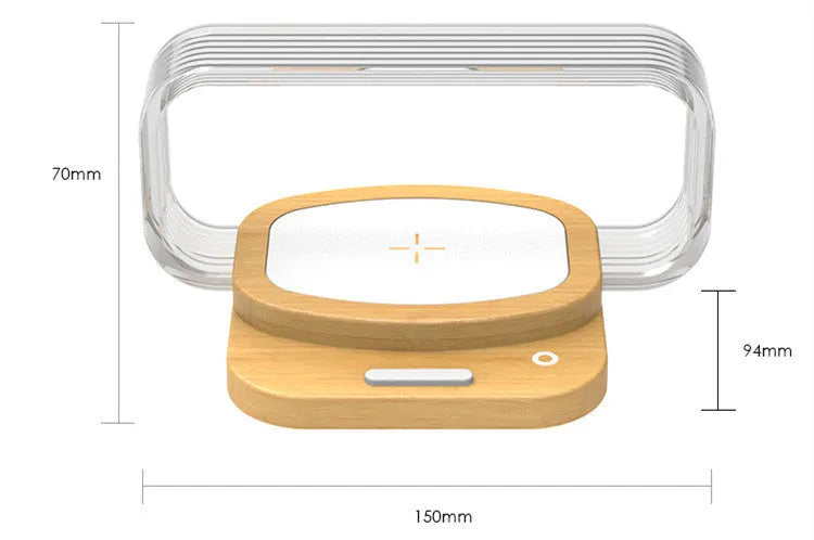 Wooden style acrylic wireless charger small night lamp on desk with USB cable