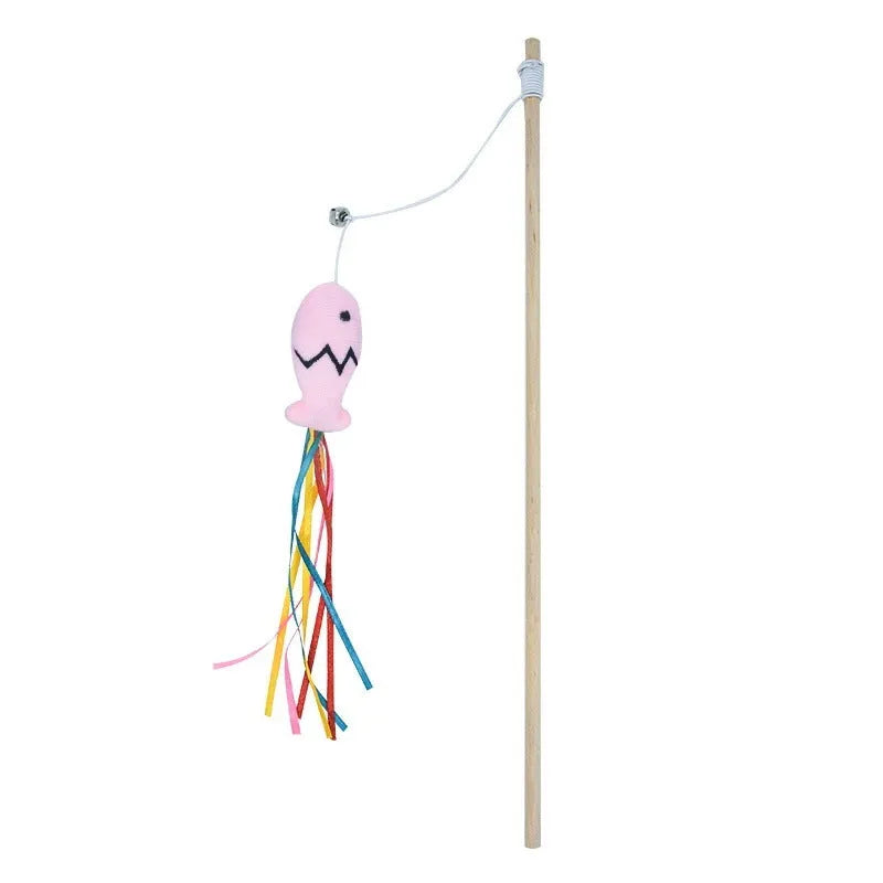 Interactive cat wand toy with colourful ribbons, bell, and catnip fish on a wooden handle.