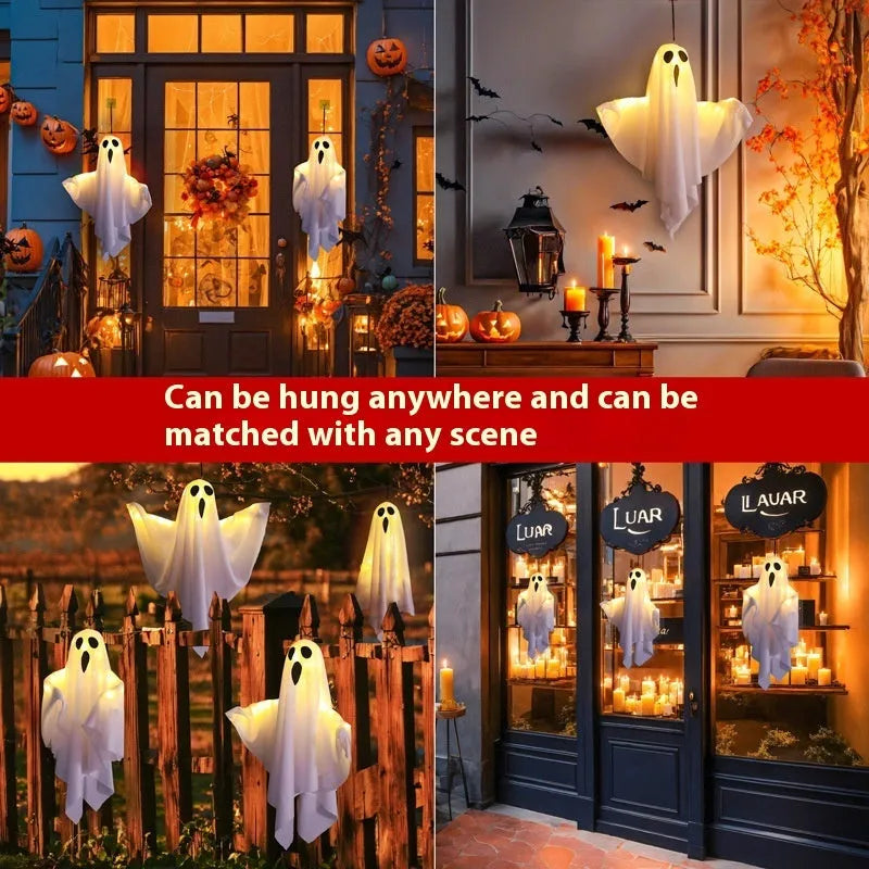 Luminous white ghost Halloween light with cloth construction and button electronics