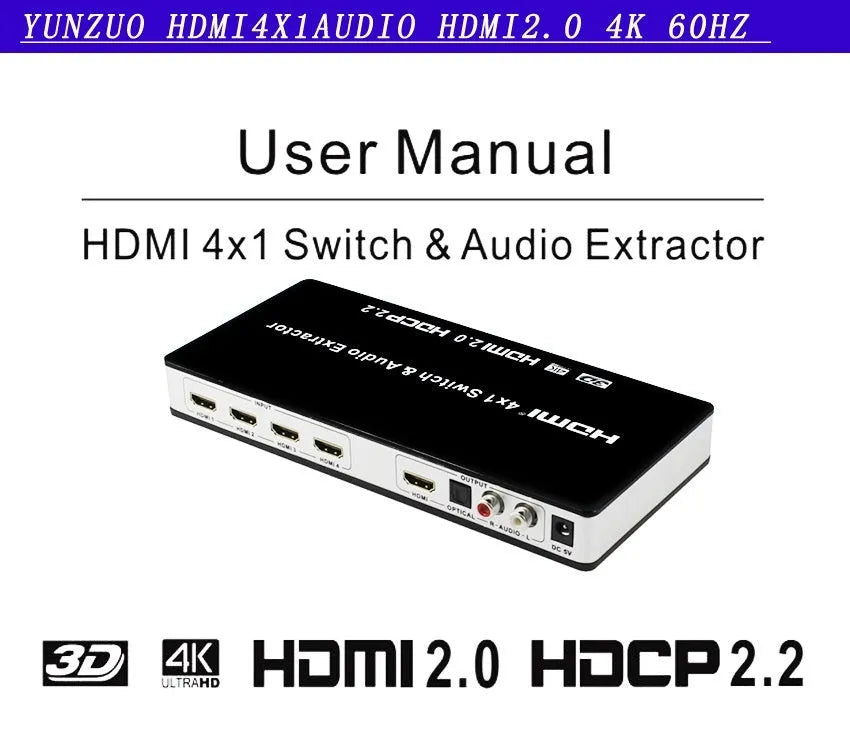 Black HDMI switch with remote control showing four input ports and one output port
