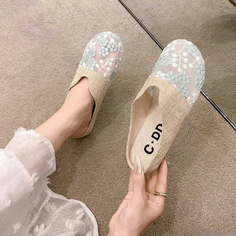 Gold low heel flat slip-on sandals with mesh upper and hollow toe box
