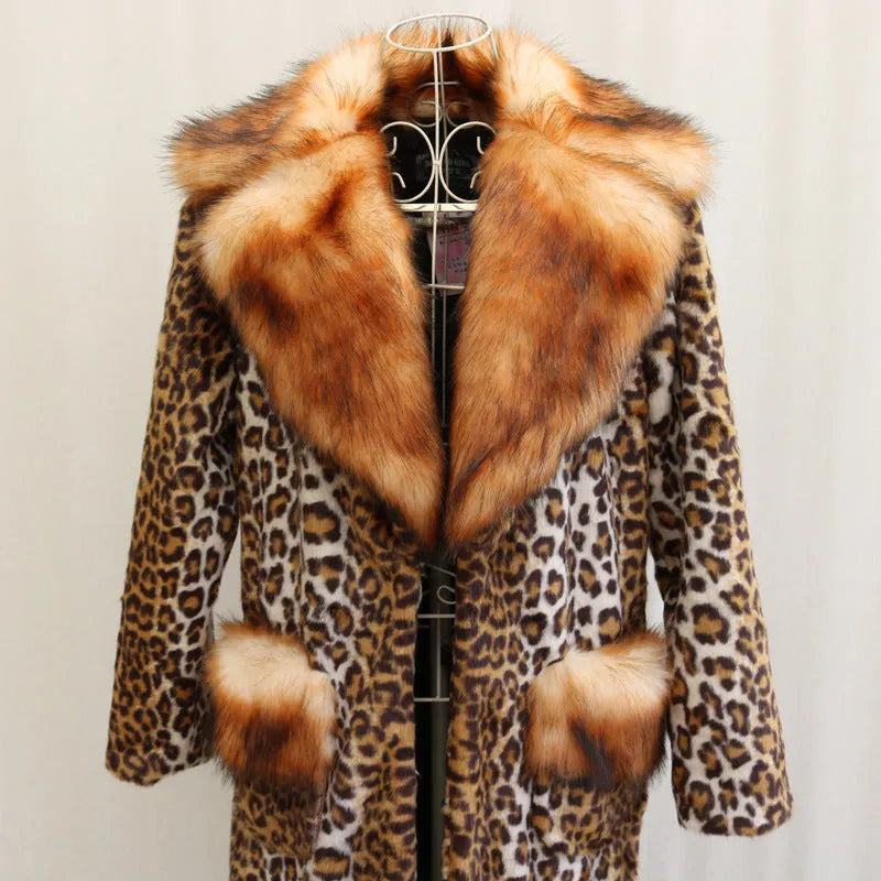 Leopard print long artificial fur jacket for women on a hanger, showing full 80cm length.