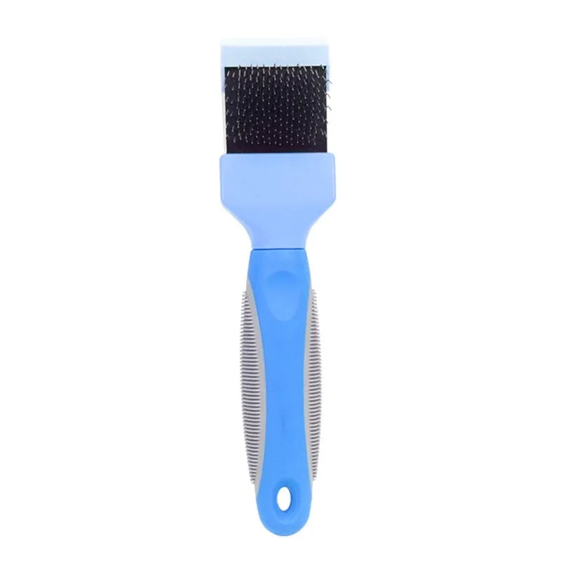 Blue double-sided pet brush with stainless steel pins on one side and soft bristles on the other, showing ergonomic handle.