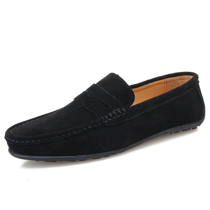 Men's solid colour suede slip-on loafers with round toe and flat rubber sole