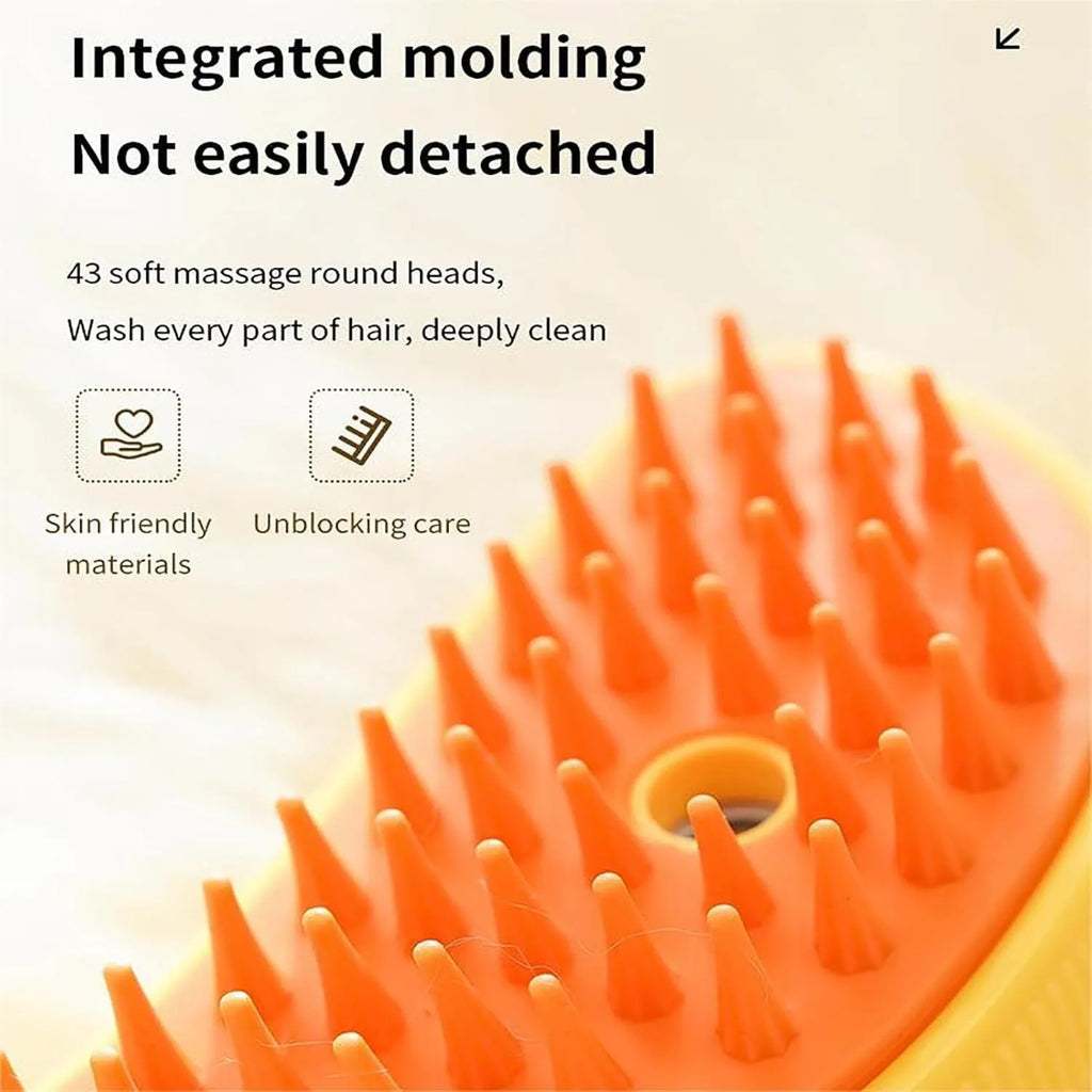Green rechargeable cat steam brush with silicone teeth and paw-shaped ends for detangling, massage, and steam cleaning