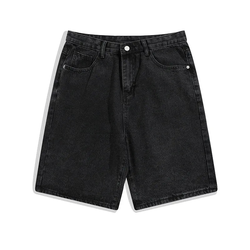 Men's light blue denim shorts with a straight-leg, five-point design and zipper fly.