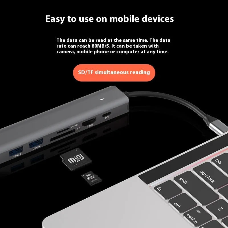 Silver 7-in-1 USB-C laptop hub showing HDMI, USB-C PD, USB 3.0, and SD card ports