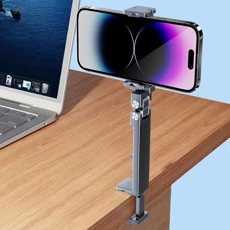 Aluminium alloy foldable clip phone holder in silver or grey, portable universal stand for hands-free viewing