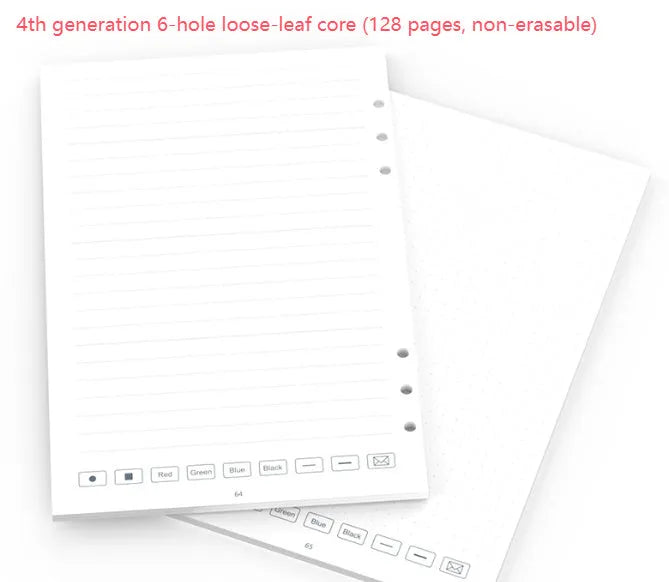 Loose spiral notebook filling paper replacement set with 64 pages and multiple pen refill types