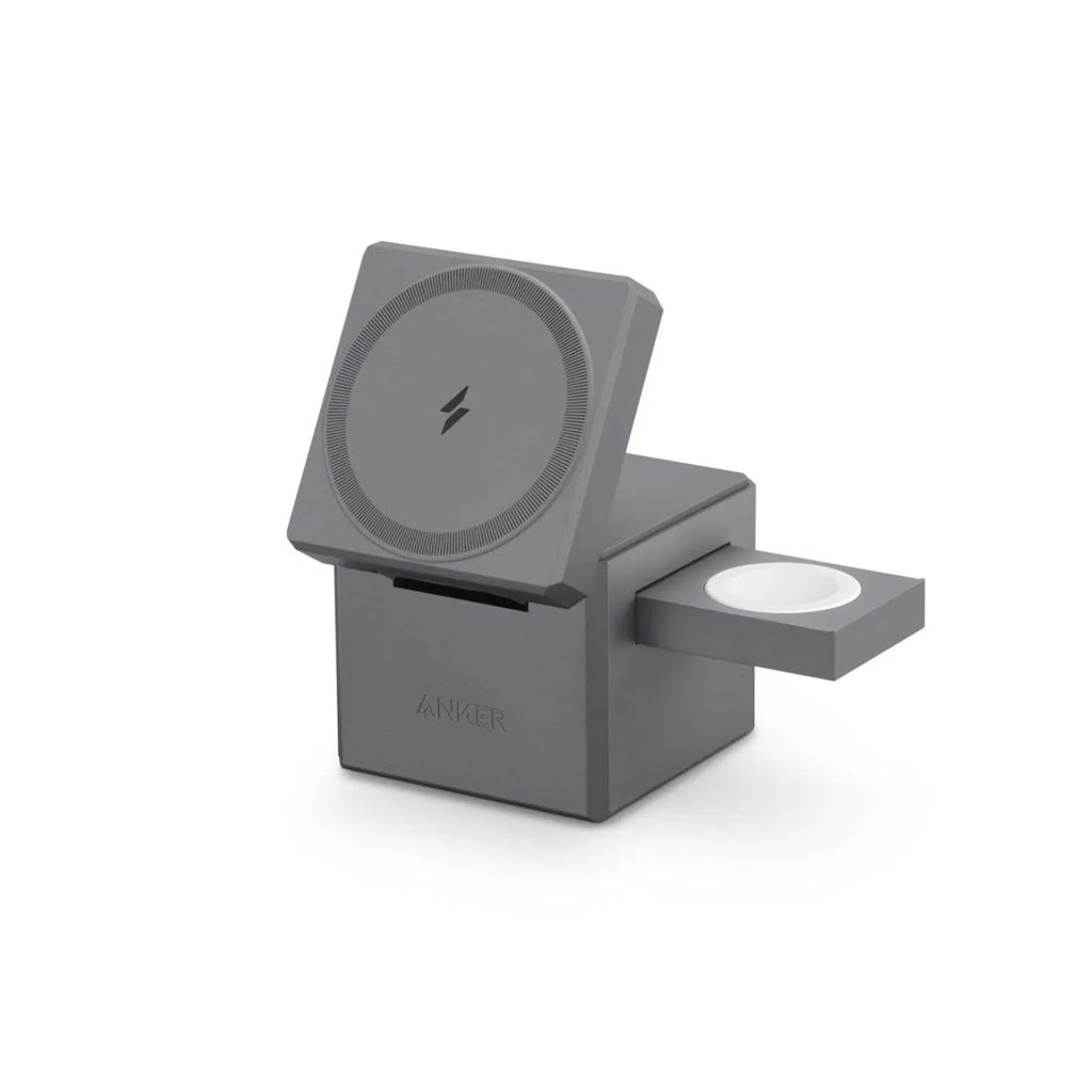 Foldable magnetic wireless charging station for iPhone, AirPods and Apple Watch showing USB-C port and compact design