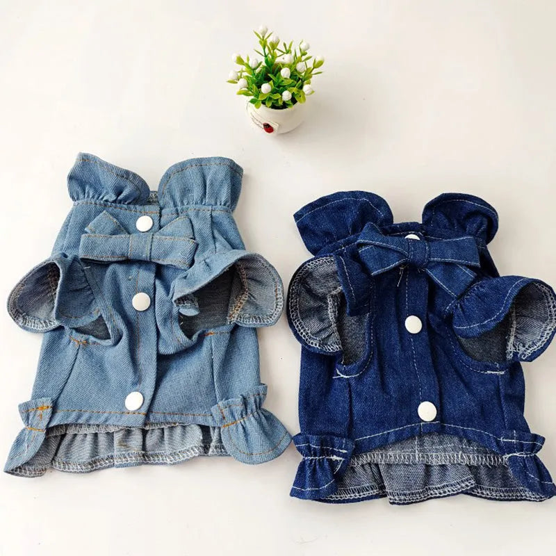 Blue denim dog dress vest with ruffle trim and back leash hook for small dogs