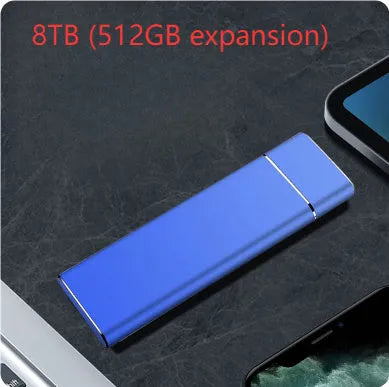 Sapphire blue portable external solid state hard disk with metal casing measuring 10.3cm