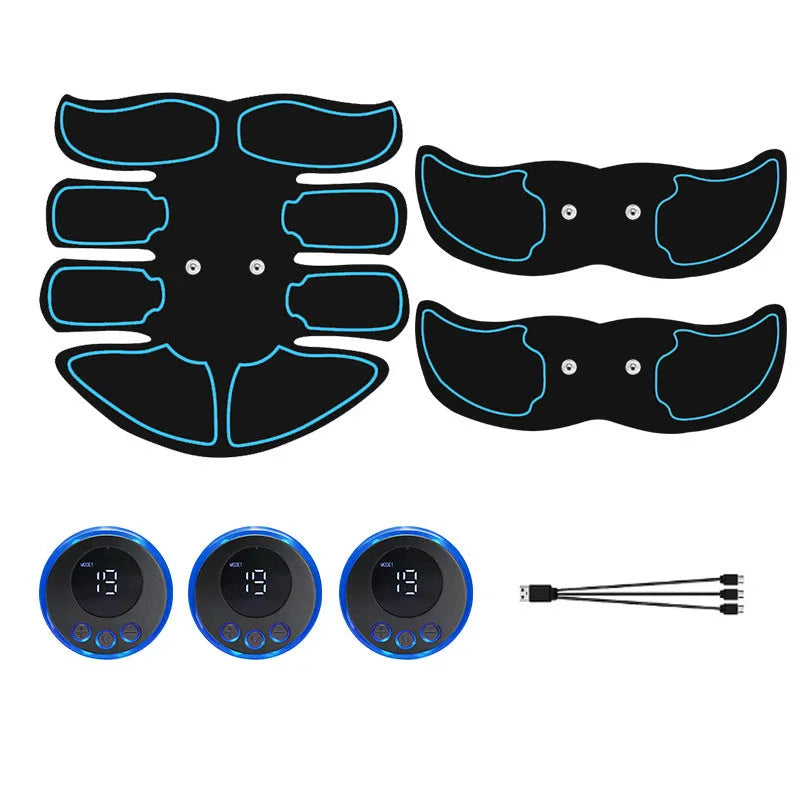 Digital abdominal muscle stimulation patch with three electrodes and colour-coded edges.