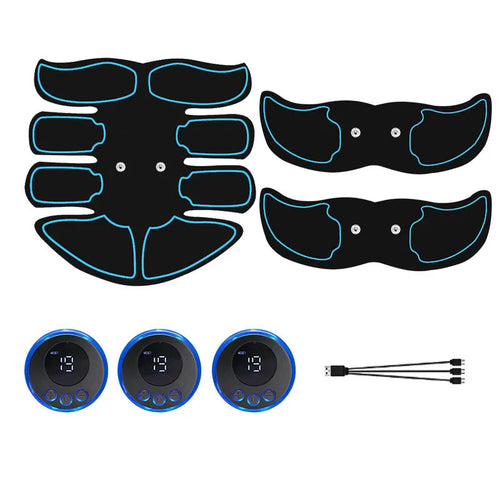 Digital abdominal muscle stimulation patch with three electrodes and colour-coded edges.