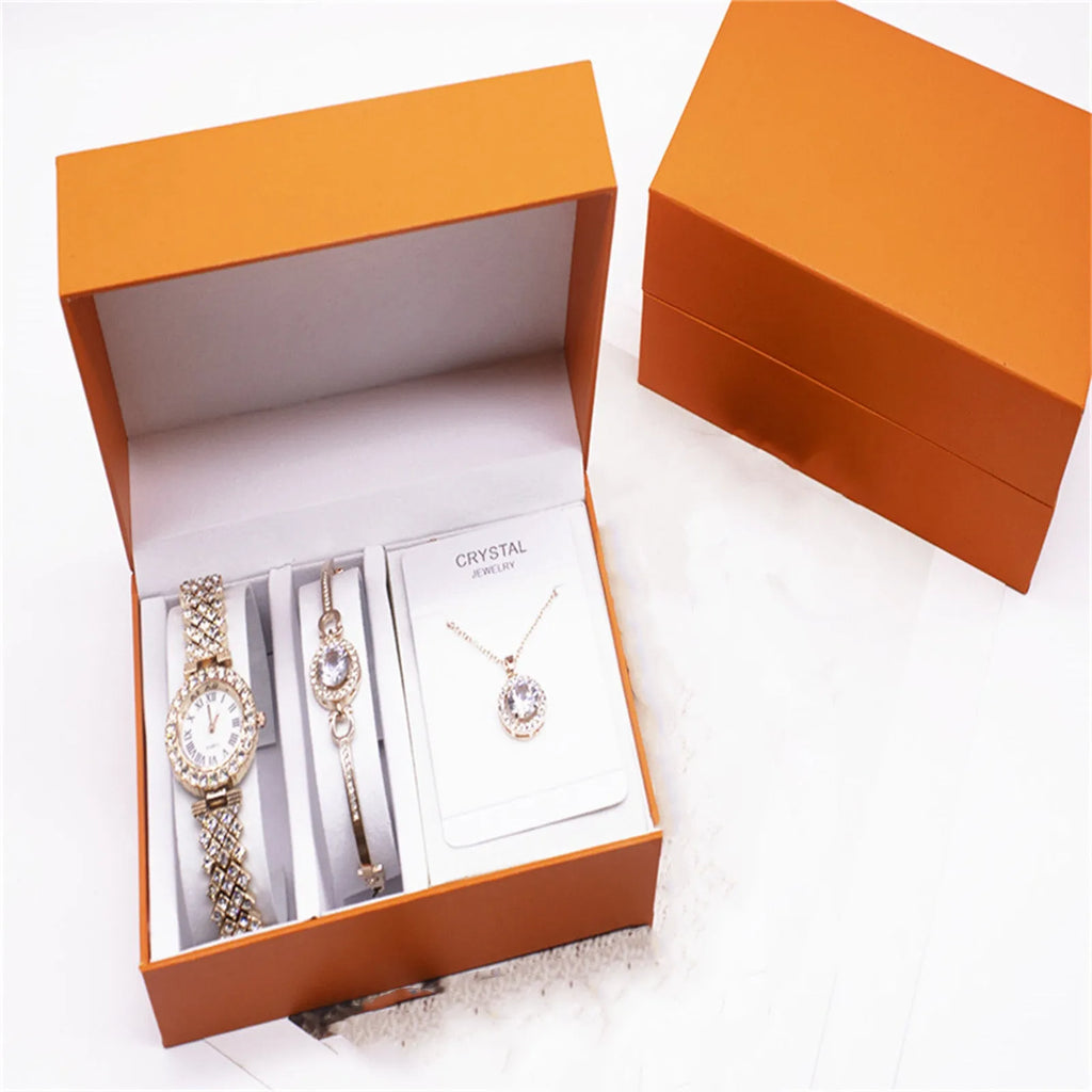 3-piece Rhinestone Watch Set With Bracelet And Necklace Alloy Quartz Watch Set Gold Silver Dial 3.2cm Strap Length 22.5cm Strap Width 1.5cm Glass Mirror OPP Simple Package Gift Set Jewellery Accessory Set Women