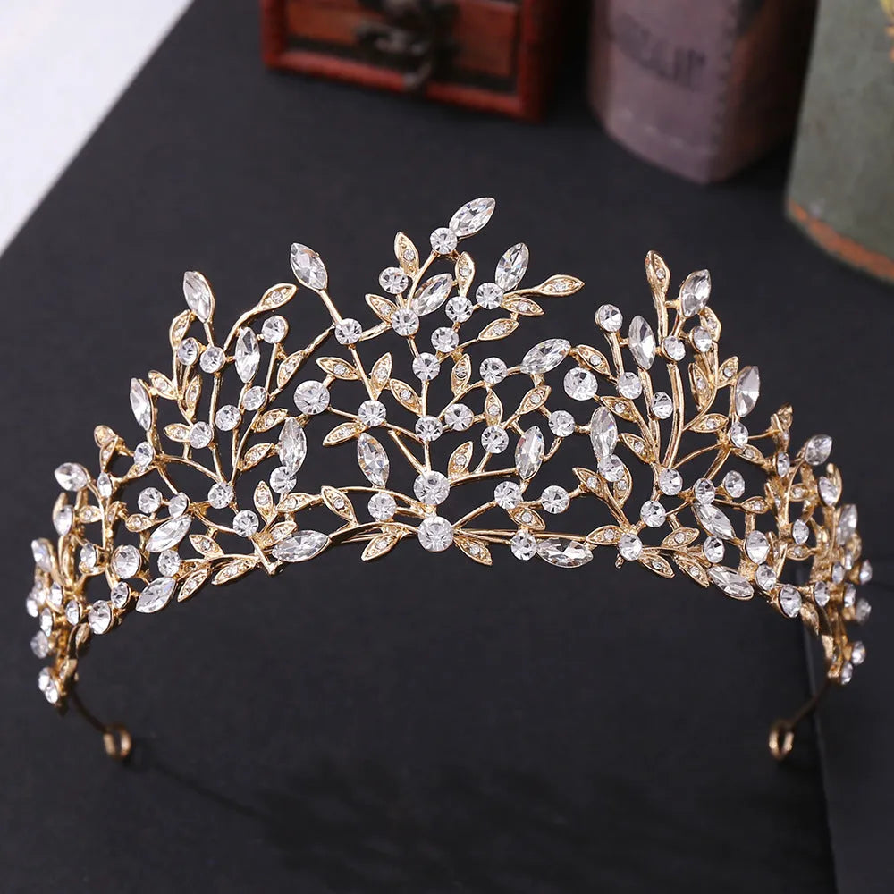 Vintage rhinestone headdress crown in alloy, 15 x 6.5cm, with green phantom quartz crystal and electroplated finish, shown in gold white.