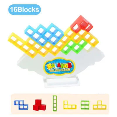 Plastic balance stacking game with colourful building blocks on chassis for family play