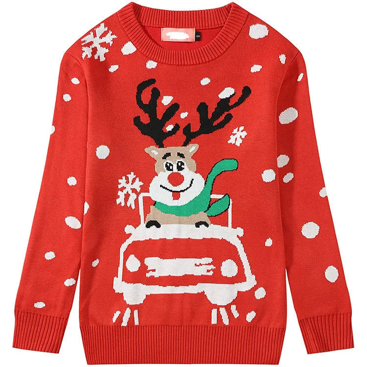 Red Christmas elk pattern long sleeve sweater for women loose pullover