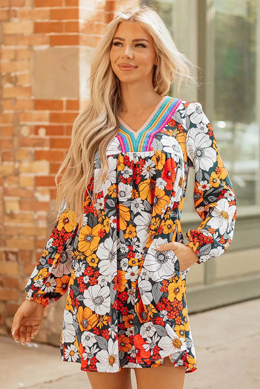 Orange floral print women's mini dress with V-neck and striped lace long sleeves