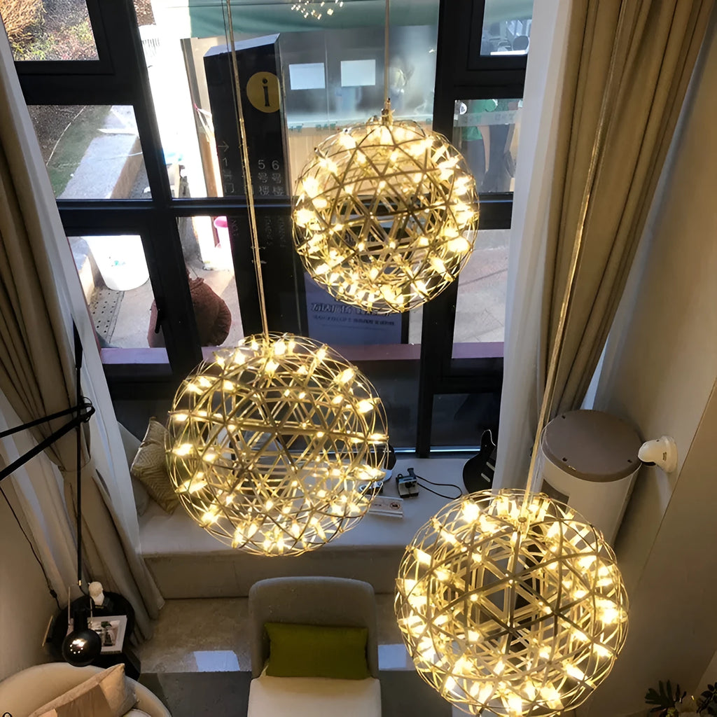 Nordic ceiling lamp for commercial atrium, chrome or gold lamp body, 200mm diameter, 12 or 18 beads