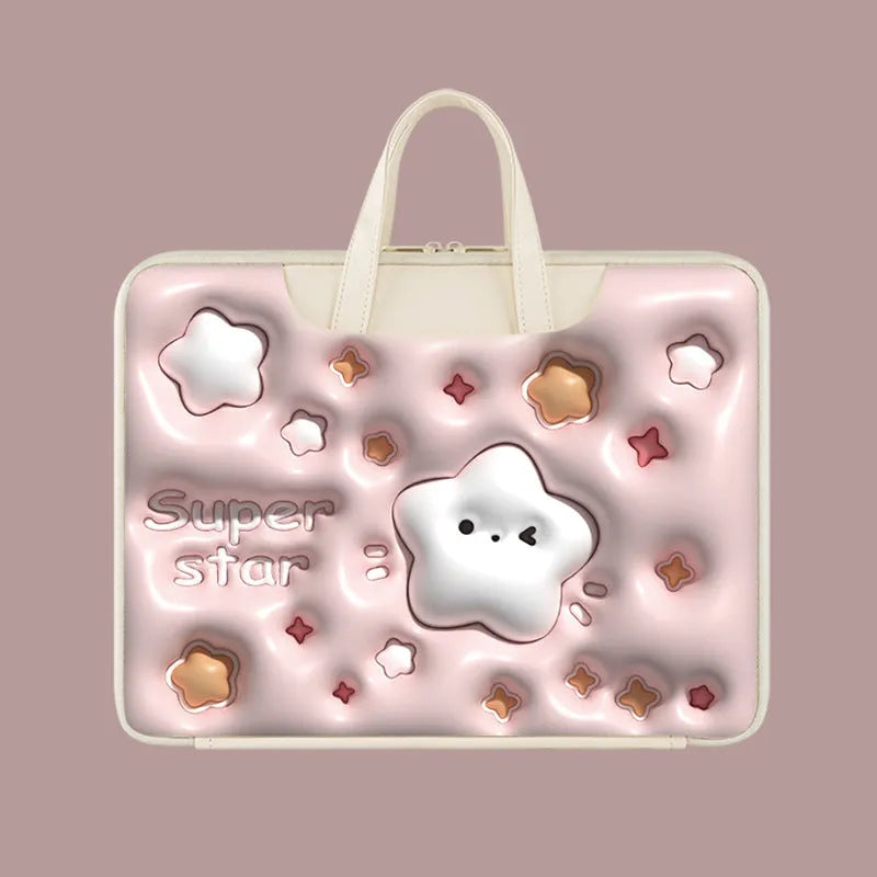 Inflatable PU leather laptop bag with cartoon design hanging from suitcase handle