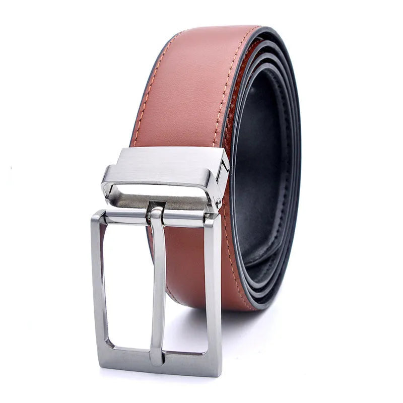 Men's brown and black genuine leather belt with a silver rotating pin buckle on a dark background.