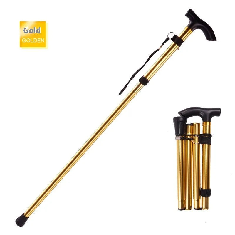 Adjustable aluminium folding walking cane extended, showing anti-slip handle and rubber tip.
