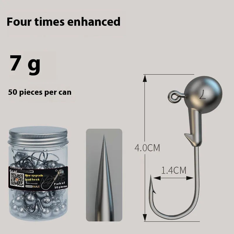 Set of 50 enhanced steel fishing jig hooks with barbed design and lead-head construction