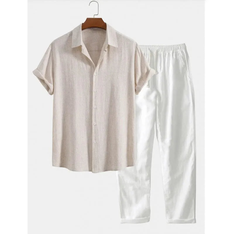 Men's casual short sleeve shirt and trousers set in polyester linen fabric with loose fit