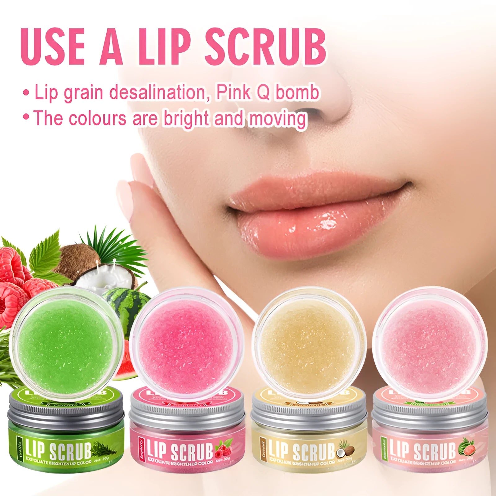 Amatoni fruit flavour lip scrub cream jar in choice of Coconut, Raspberry, Vanilla, or Watermelon, 30g.