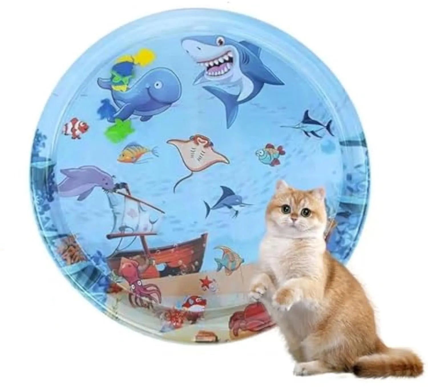 Blue circular cat water playmat on floor, showing ocean fish design and floating fish toys inside.