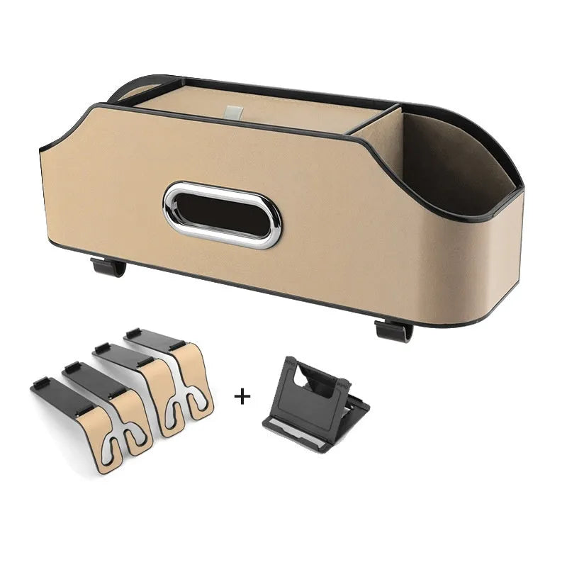 Genuine leather car and buggy storage bag for tissues and a cup, shown in beige colour.