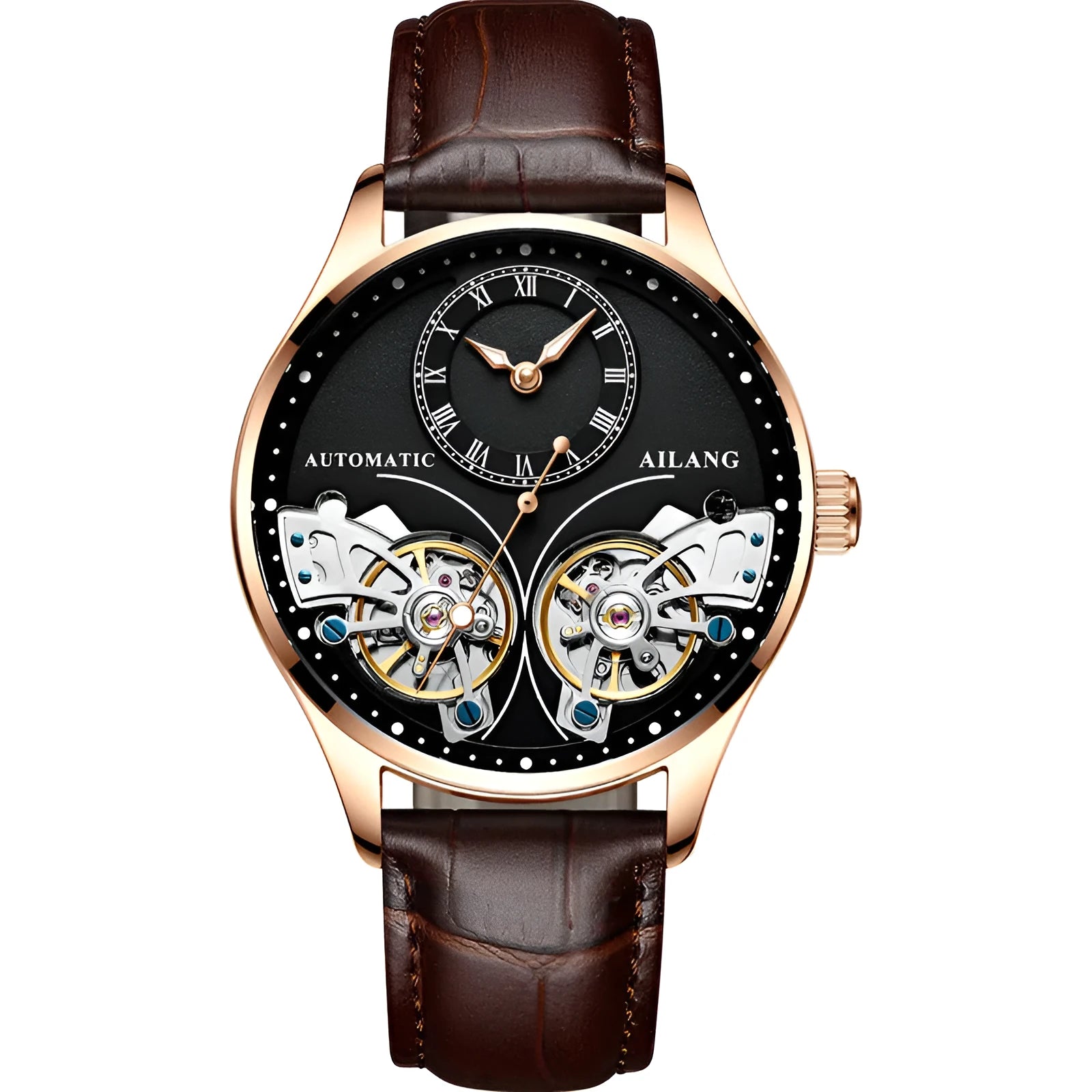 Men's automatic watch with tourbillon, moon phase, black steel case, and transparent back showing Seiko movement.